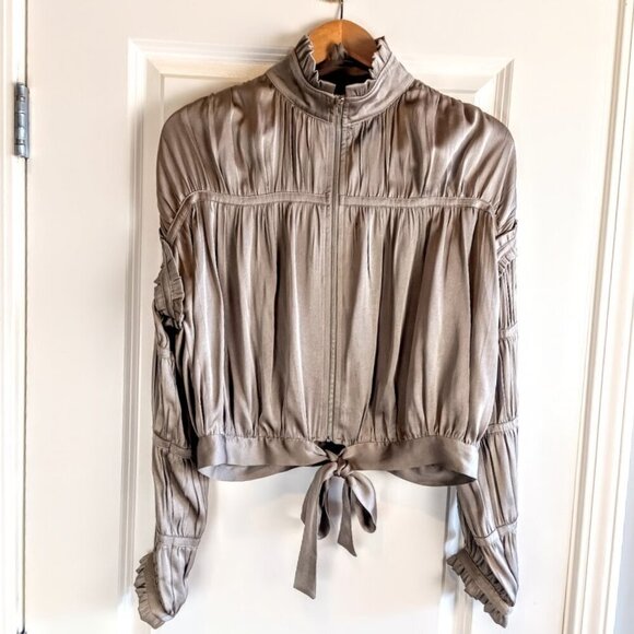 Current Air Taupe Full Zip Shirred Satin Bomber Jacket - Picture 1 of 7